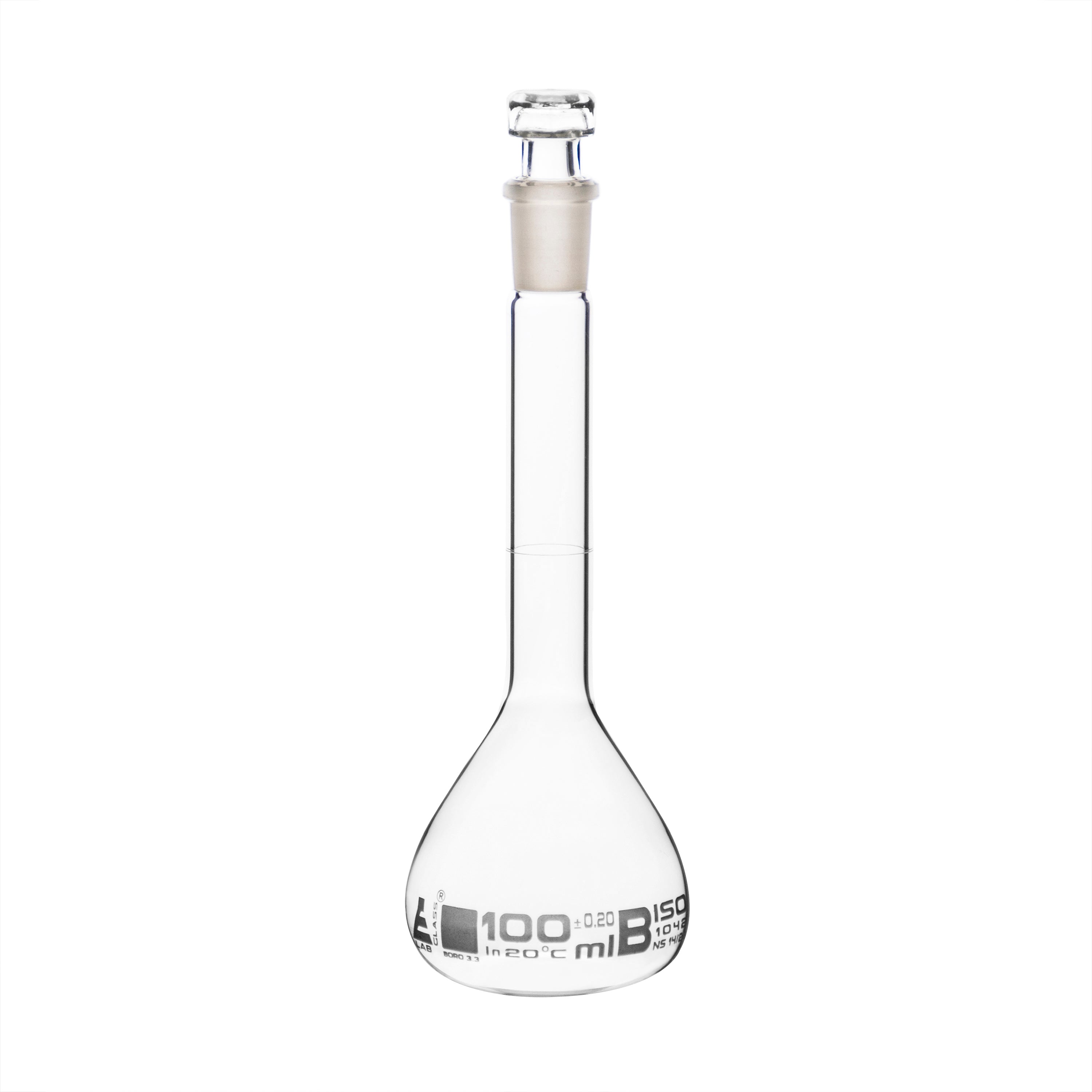 Borosilicate Volumetric Flask with Hollow Glass Stopper, 100ml, Class B, White Print, Autoclavable